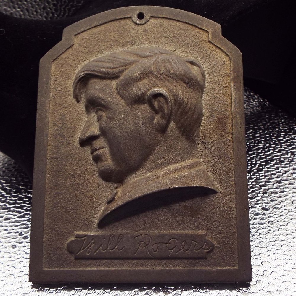 ANTIQUE 1930 PROGRESSIVE BRASS MOLDED SILHOUETTE OF WILL ROGERS WALL PLA…